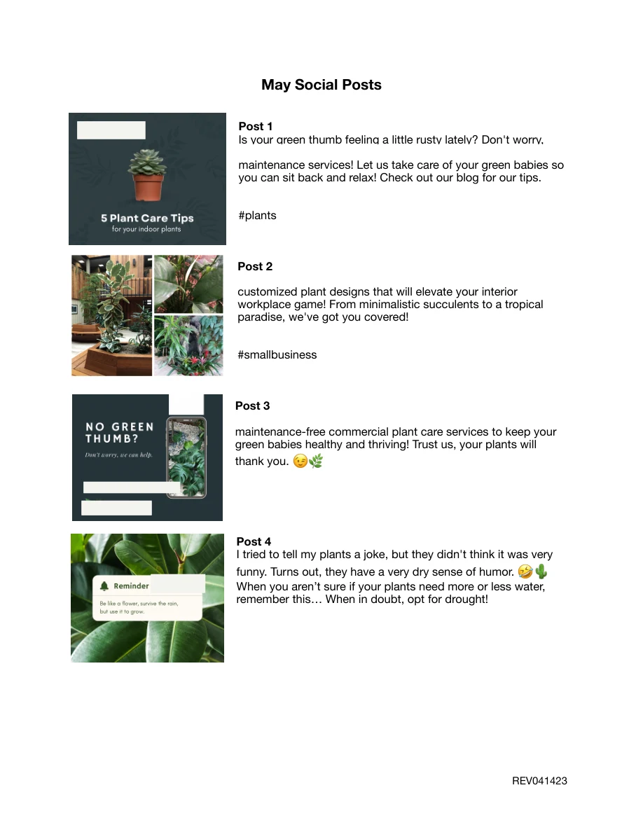 Anonymized social media plan pairing plant care graphics with captions