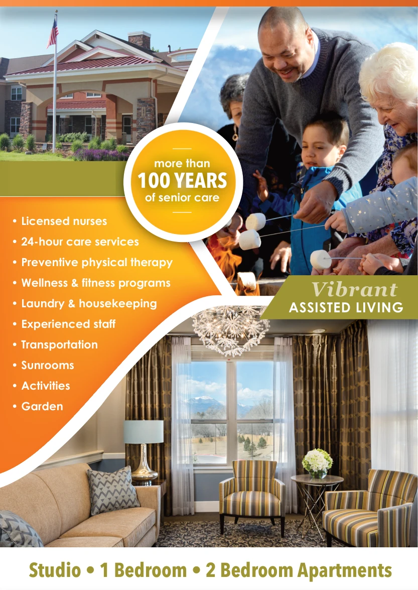 Anonymized senior living print design featuring warm orange graphics and lifestyle photography